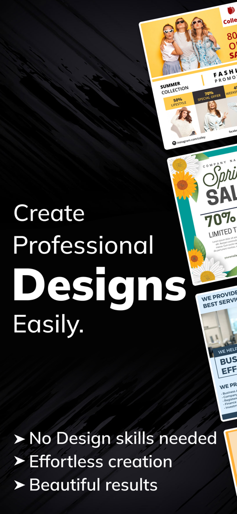 Interface da aplicação de design gráfico mostrando templates de panfletos personalizáveis e ferramentas de design profissional para proprietários de pequenos negócios
