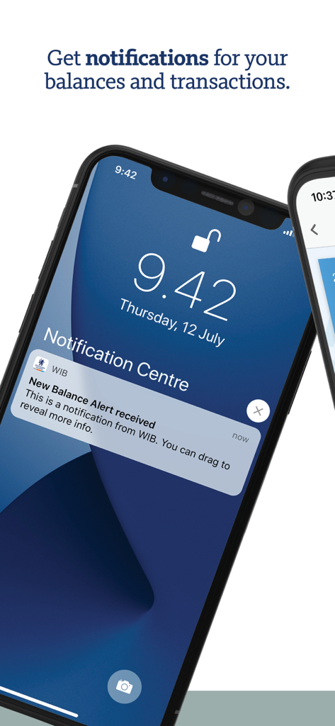 iPhone lock screen showing a WIB mobile banking balance alert notification
