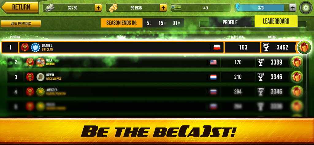 Clasificación global de jugadores en Wild Hunt Hunter Simulator que muestra rangos competitivos y estadísticas PvP