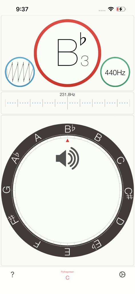 Touch Tuner - Aplicativo Kawai Touch Tuner mostrando a afinação Si bemol3 com forma de onda e medidor de frequência