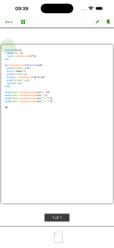 A mobile code editor screen from Lua IDE Fresh Edition showing a Lua script with syntax highlighting.