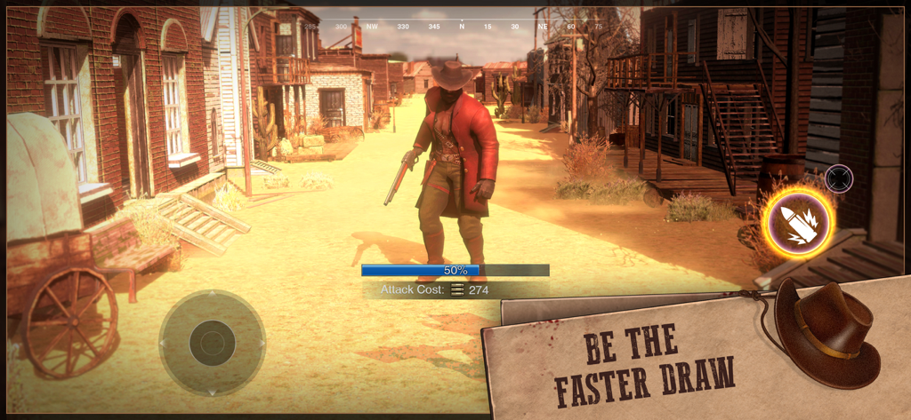 West Game - 서부극 마을 거리에서 총싸움 결투를 준비하고 있는 카우보이 캐릭터