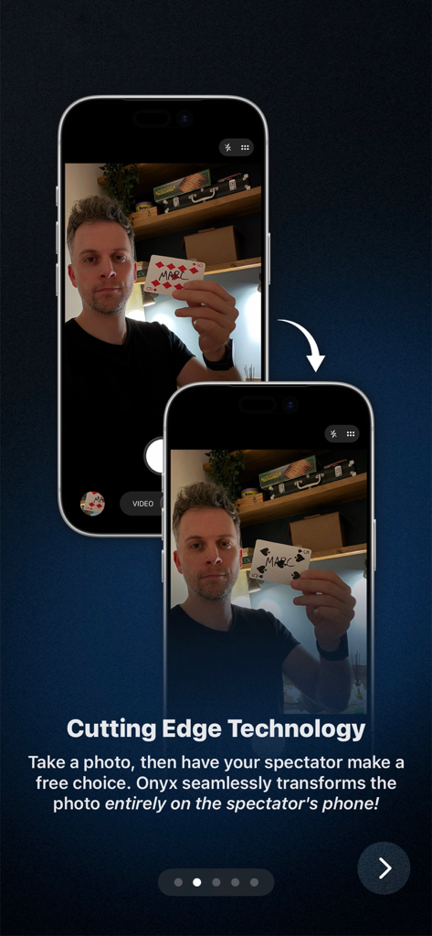 Onyx Magic - Demostración de la aplicación Onyx Magic mostrando una carta de juego en una foto transformándose de seis de diamantes a cinco de picas