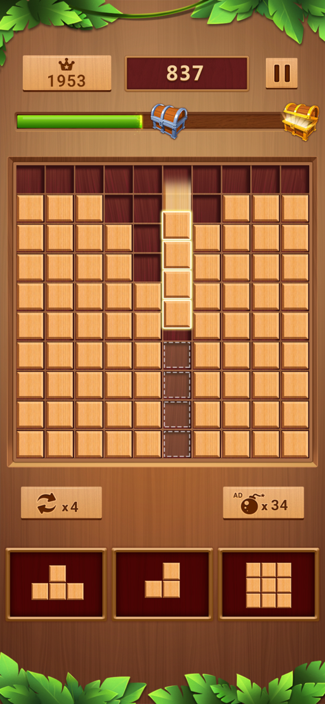 Block Puzzle - Wood Games - Gameplay of wooden block puzzle showing a 10x10 grid and wooden blocks