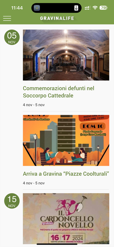 Elenco di eventi comunitari locali e aggiornamenti di notizie sull'applicazione mobile GravinaLife.