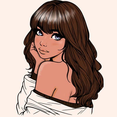 realistic girl with bangs looking over her shoulder