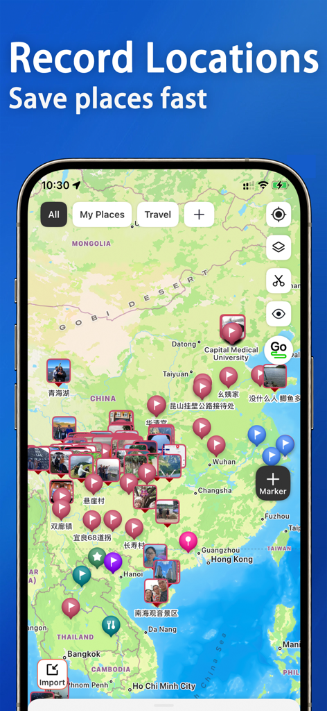 My Map－Marker,Save,Track&Plan - Smartphone screen showing a map interface with numerous custom pins and photos representing saved locations.