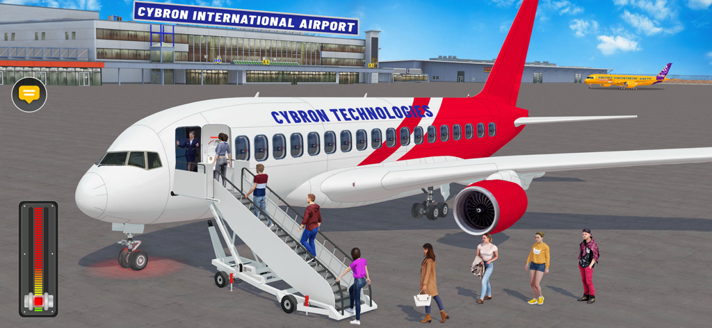 Flight Simulator-Airplane Game - Pasajeros abordando un avión comercial blanco y rojo en un aeropuerto en un juego de simulador de vuelo.