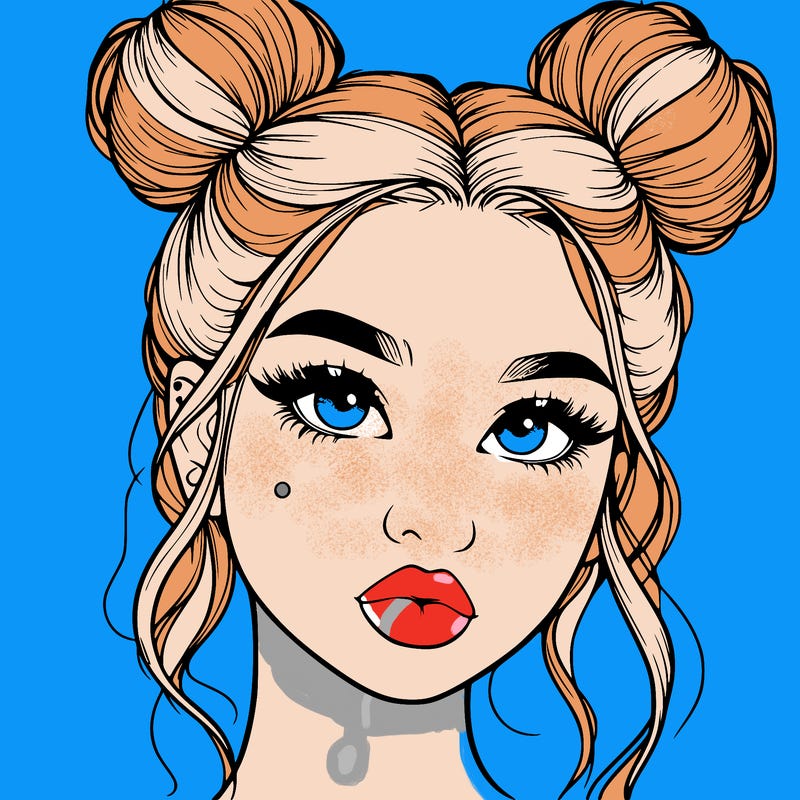 realistic girl with two buns on her hair and lips