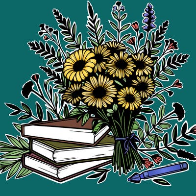 beautiful wildflowers and books realistic
