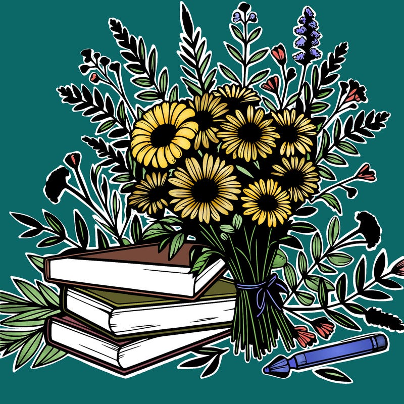beautiful wildflowers and books realistic