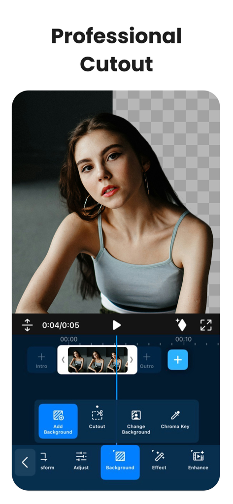 PowerDirector app interface showcasing a professional background cutout feature for video editing