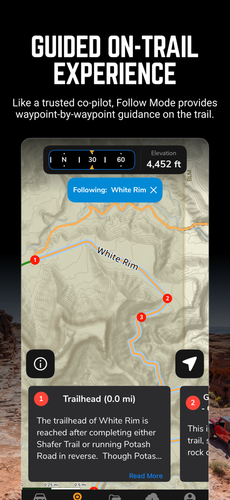 Guided on-trail experience with waypoint guidance and follow mode in the Trails Offroad app