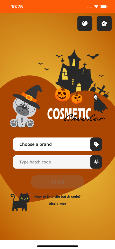 Cosmetic Checker - Cosmetic Checker app home screen featuring a Halloween theme with batch code entry fields