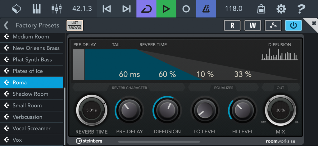 Interfaccia del plug-in di riverbero RoomWorks SE in Cubasis LE 3