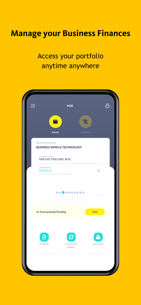 M2E Global - M2E Global app interface showing business account portfolio and pending transactions summary