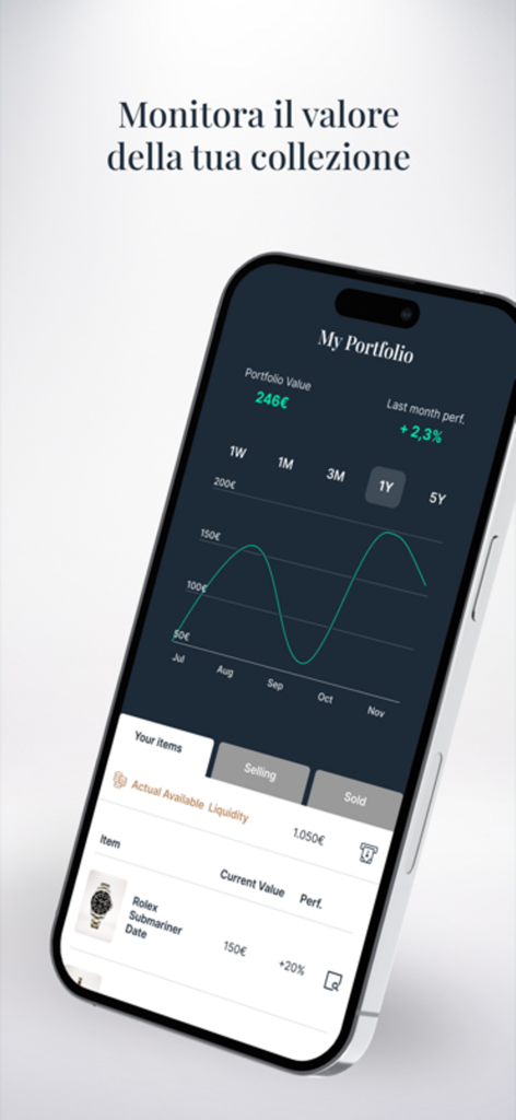 Collecto - Fractional Assets - A smartphone displaying the Collecto app portfolio dashboard with a performance graph and a fractional investment in a Rolex Submariner.