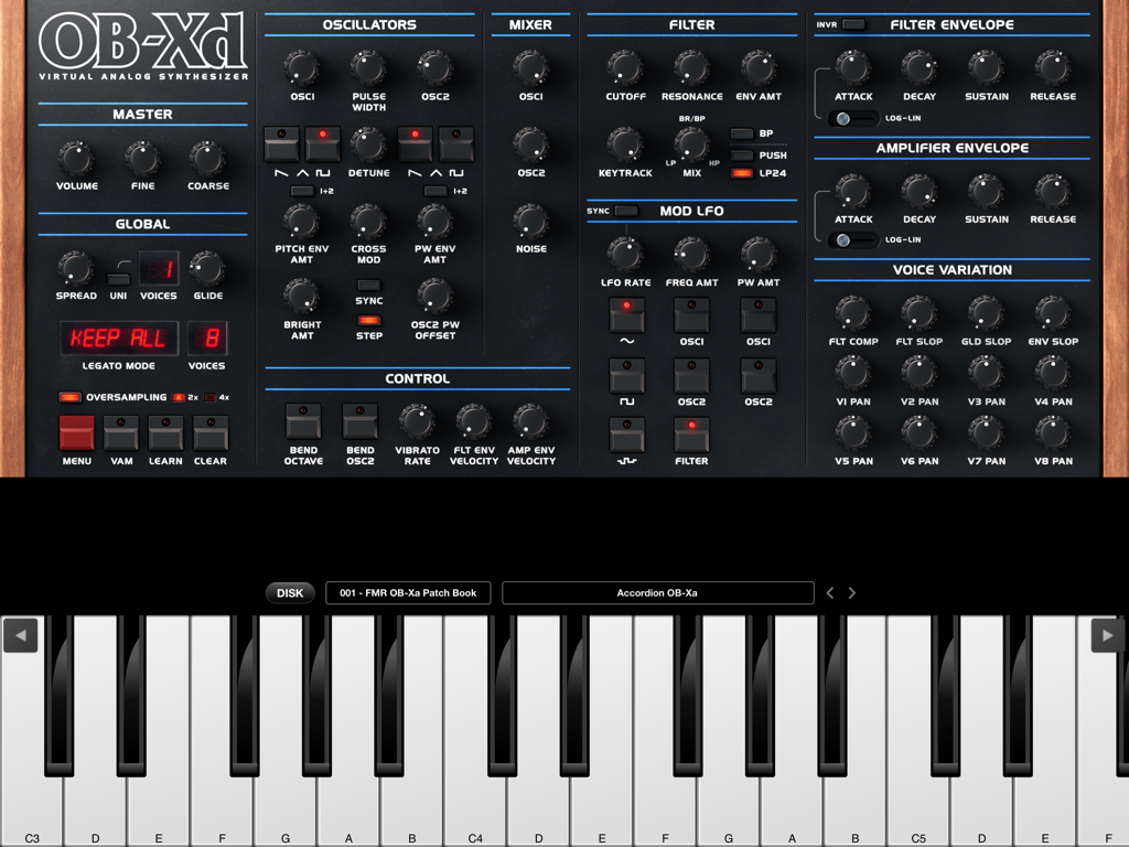 OB-Xd 3 AUv3 Synth - Interface of the OB-Xd 3 virtual analog synthesizer with sound control knobs and a digital piano keyboard