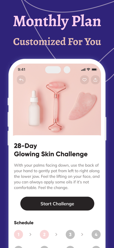 FaceLift app screen showing a customized 28 day glowing skin challenge with beauty tools