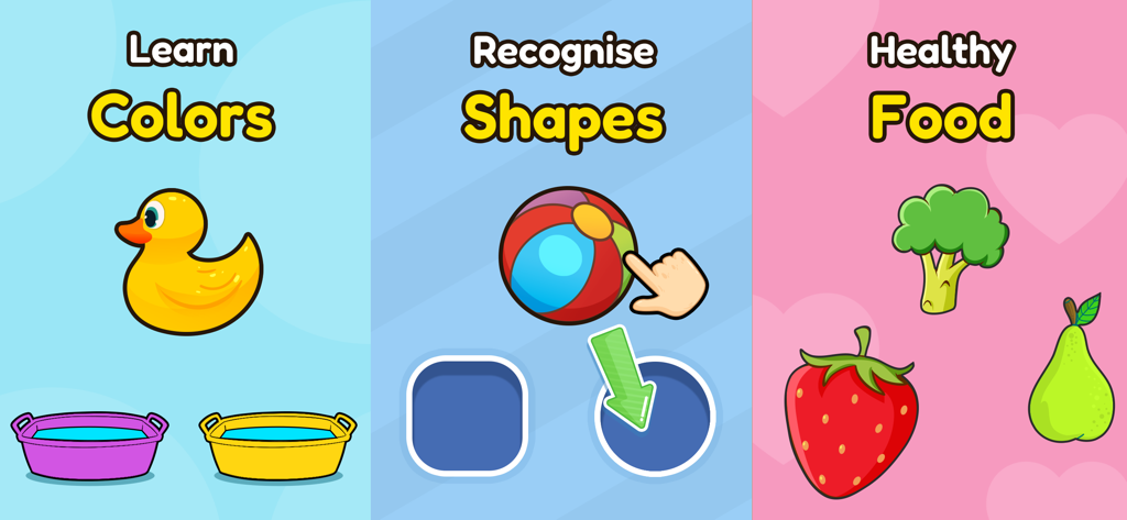 Educational games for toddlers featuring activities for learning colors shapes and healthy food