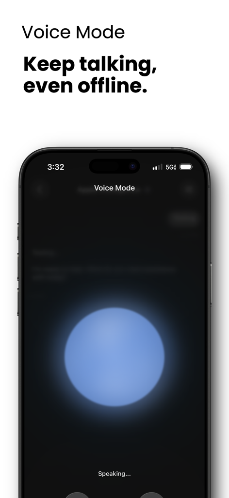 Nativ - Local AI - iPhone screen displaying Nativ app voice mode interface with a glowing blue orb and offline functionality text