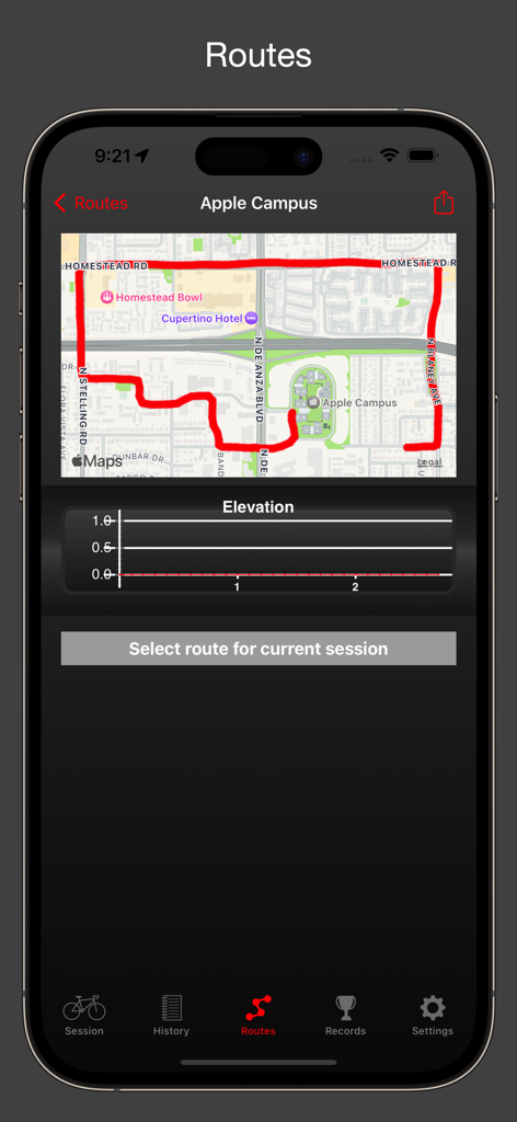Fitmeter Bike - GPS Cycling - Fitmeter Bike app showing a cycling route map and elevation profile on iPhone