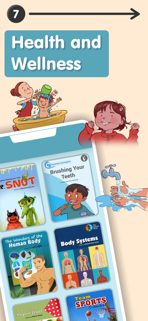 App interface displaying health and wellness books for first grade readers.