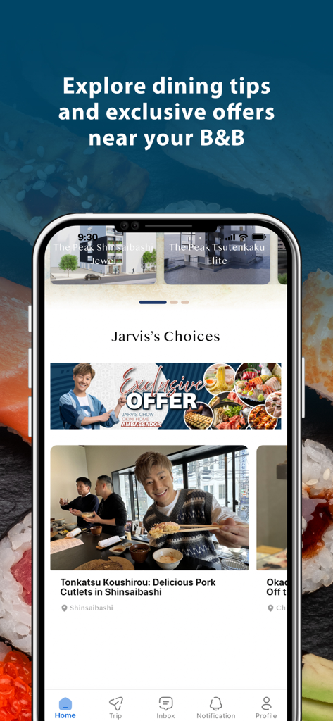 Okini Home - Okini Home app interface showing curated dining tips and exclusive food offers in Osaka