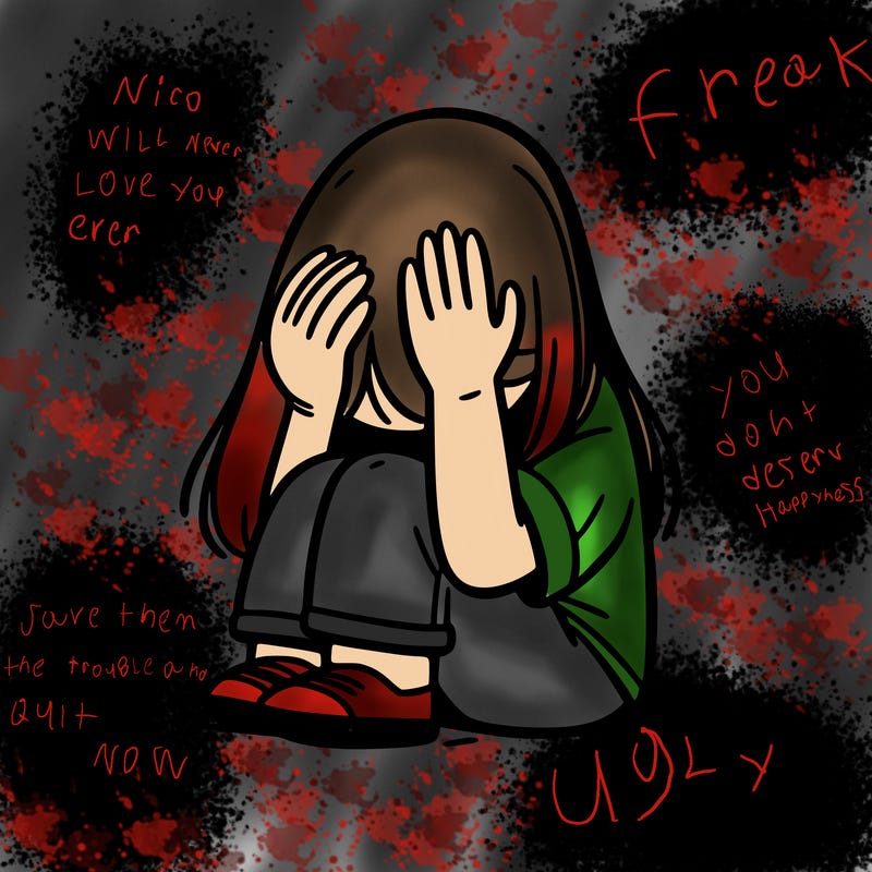 girl sitting down covering her head