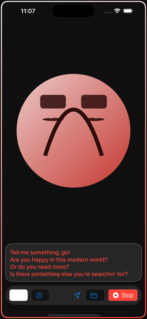 Live Audio & Music Visualizer - Interfaz de la aplicación móvil que muestra visualización de voz en tiempo real con letras en vivo y un gráfico circular reactivo.