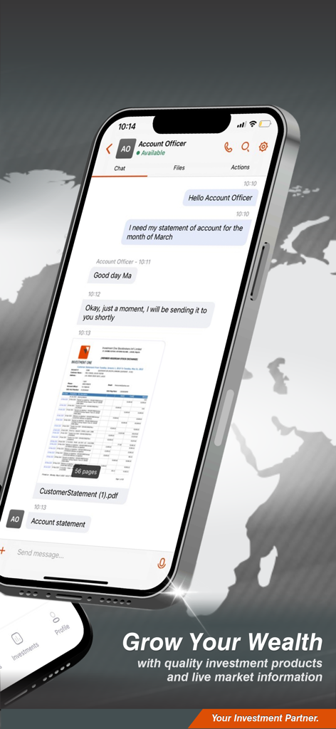 Investment One - Interface de chat do aplicativo Investment One mostrando um usuário recebendo um extrato de conta de um oficial