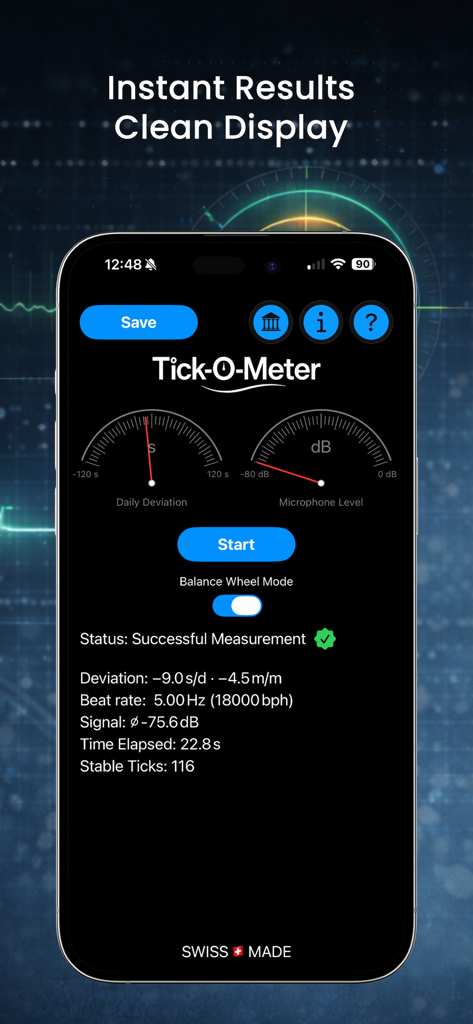 Tick-O-Meter - Tick-O-Meter mobile app interface showing mechanical watch accuracy and beat rate measurement with analog gauges
