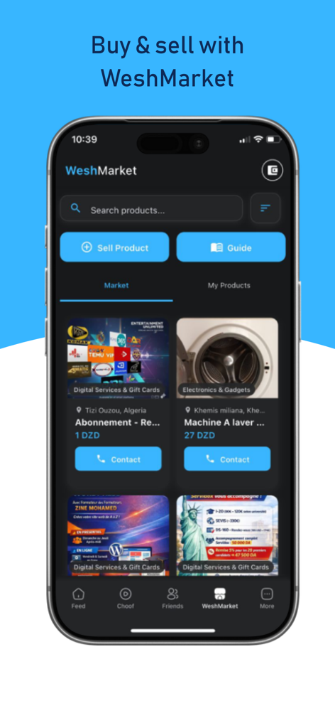 Wesh - WeshMarket interface showing product listings and buy and sell options in a dark mode mobile app design