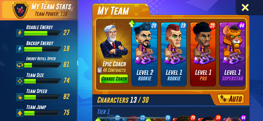 Basketball Arena - Sports Game - Basketball Arena My Team screen displaying character levels, team stats, and an epic coach.