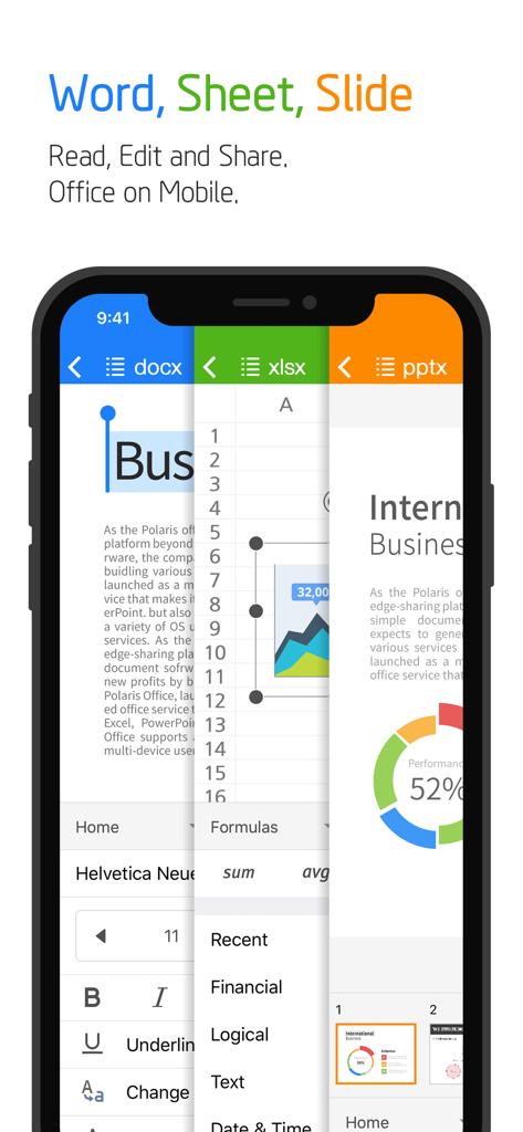 Polaris Office mobile app interface showing simultaneous editing of Word Excel and PowerPoint documents