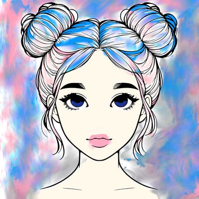 realistic girl with two buns on top of her head