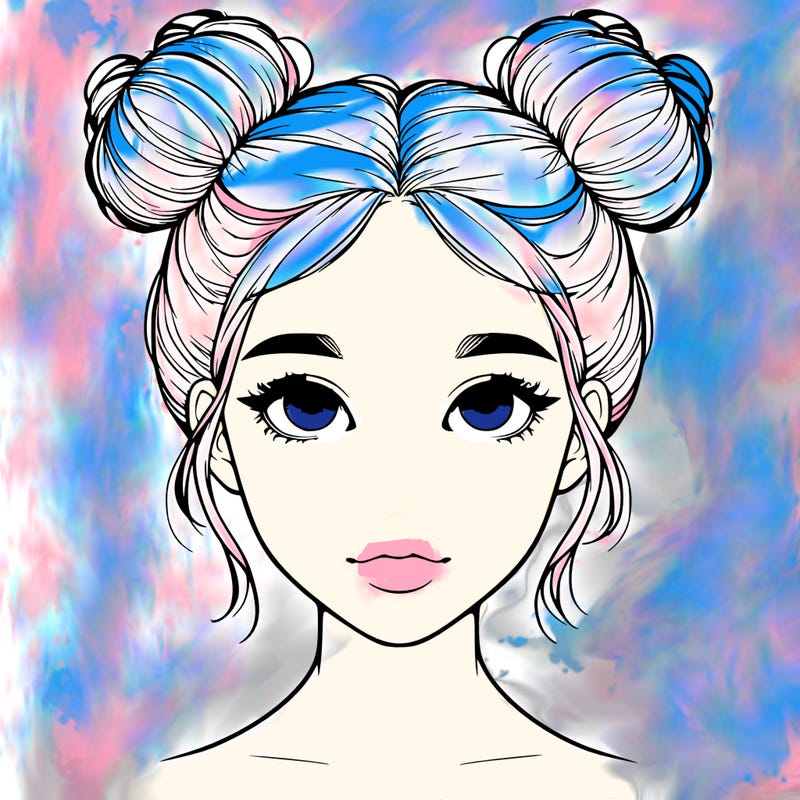 realistic girl with two buns on top of her head