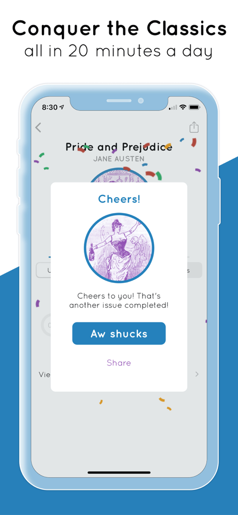 Serial Reader mobile app showing a celebratory message for completing a daily book chapter.