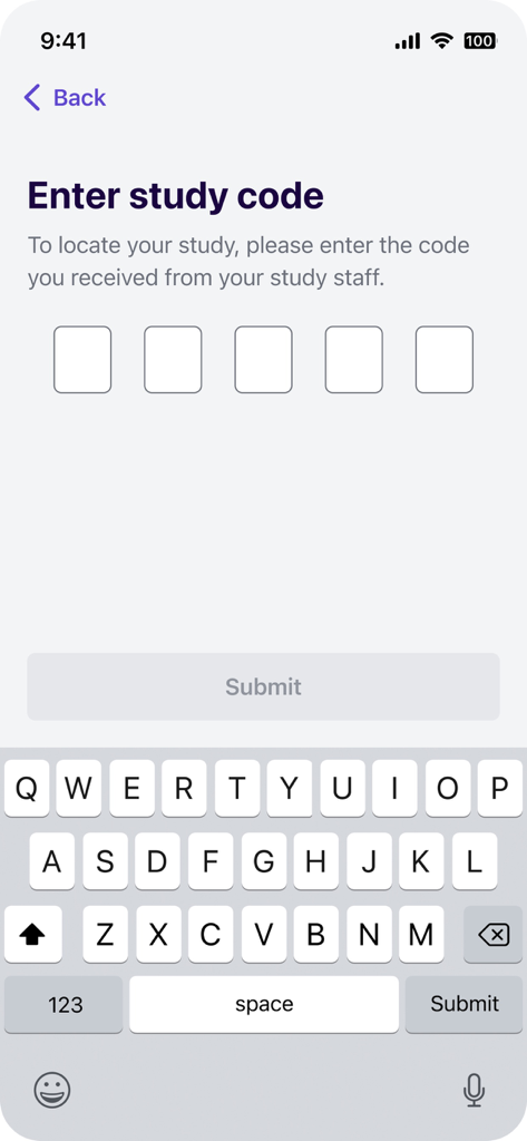 Medable - Medable app screen for entering a five digit clinical study code provided by staff