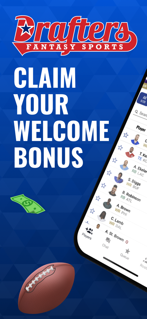 Drafters Fantasy Sports App Willkommensbonus-Promotion mit einem mobilen Bildschirm mit ausgewählten Football-Spielern für den Draft