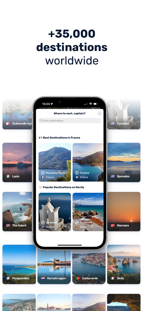 Navily - Navily app interface showing search bar and more than thirty five thousand sailing destinations worldwide