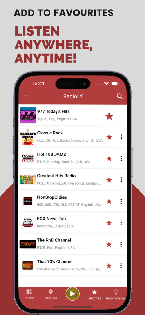 Application mobile Radioly montrant une liste de stations de radio favorites sur un iPhone