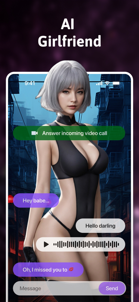 Mobile app interface showing a chat and video call feature with an AI girlfriend character