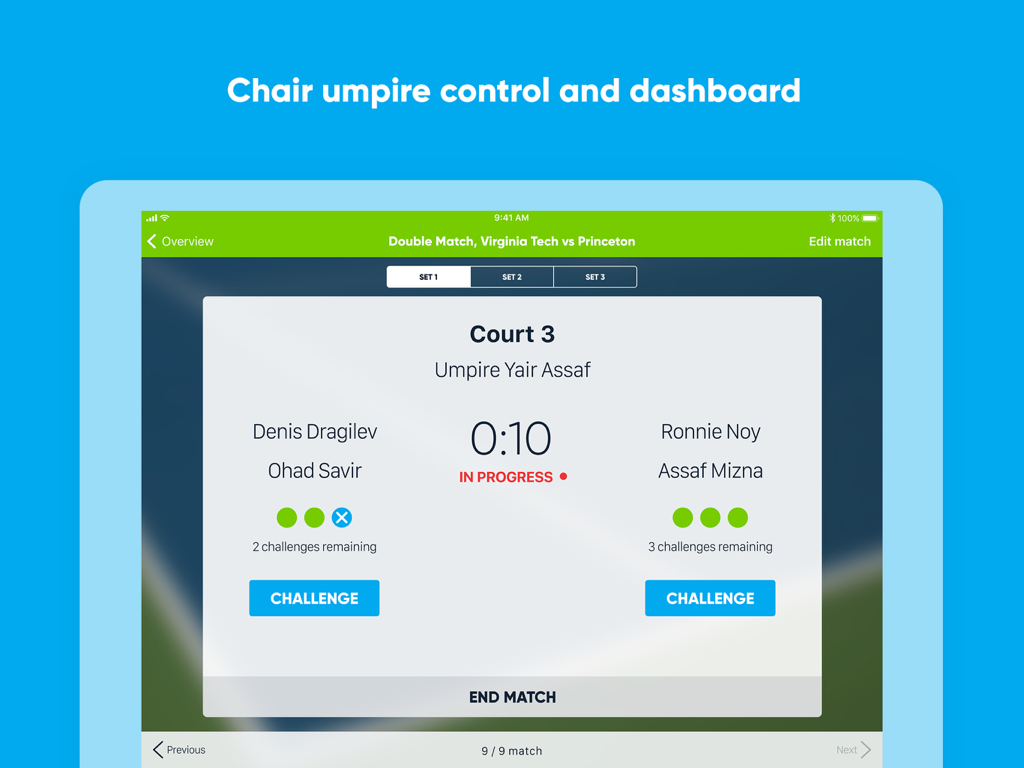 PlayFair by PlaySight - PlayFair app chair umpire control and match dashboard showing player names and challenge status