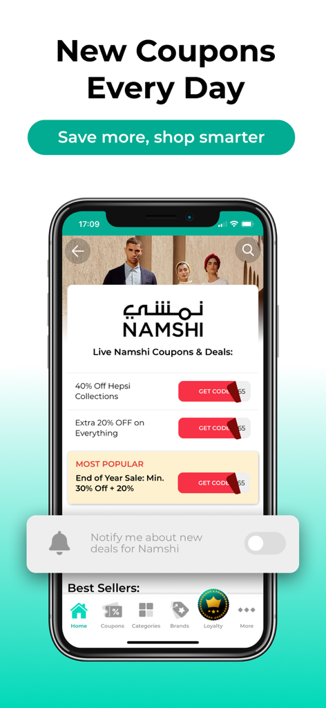Almowafir mobile app interface showing exclusive Namshi coupons and daily deals with a notification toggle