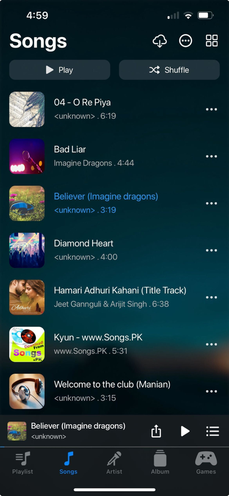 Audify Music Player - Audify Music Player songs library screen showing a list of tracks with play and shuffle options
