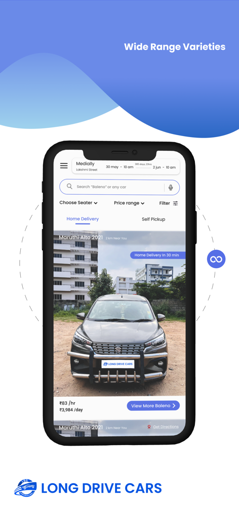 Long Drive Cars - Car Rental - Benutzeroberfläche der Langstreckenautos-App, die Suchfilter für Mietwagen und eine Liste von Mietwagen mit Stunden- und Tagespreisen anzeigt.