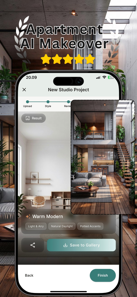 AI Apartment & Studio Planner - AI-powered studio apartment makeover showing a warm modern interior design layout.