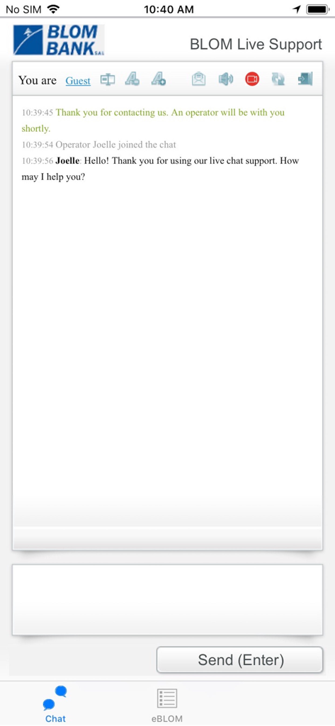 eBLOM Mobile - Live chat customer support interface in the eBLOM Mobile banking app