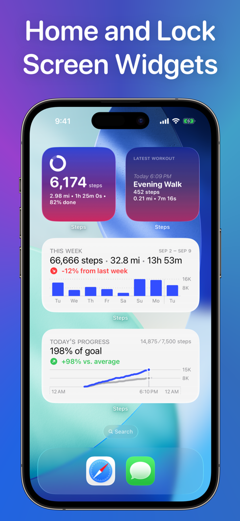 Steps - Activity Tracker - iPhone Startbildschirm mit Steps App Widgets, die tägliche Schritte und wöchentliche Aktivitätsziele anzeigen